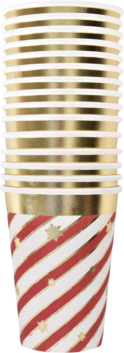 50 Disposable Christmas Cups 9 oz. Paper in Elegant Candy Cane Striped Design with Gold Foil Outline and Scattered Snowflakes for Holiday Party Supplies