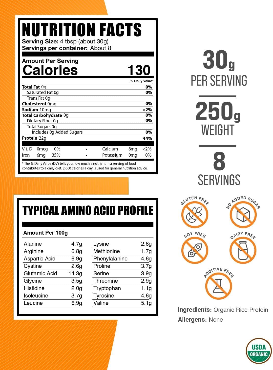 BulkSupplements.com Organic Rice Protein Powder - Vegan Plant Protein, Unflavored - Vegan & Gluten Free, 30g per Serving, 250g (8.8 oz) (Pack of 1) image 2