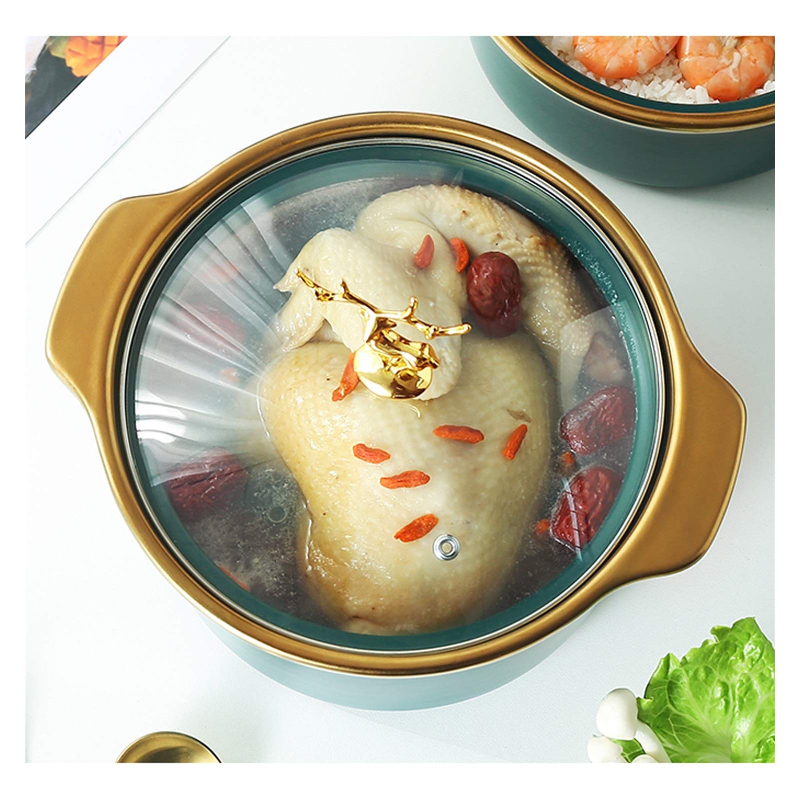 Duży garnek do zupy Ciemnozielony garnek żaroodporny na wysokie temperatury naczynia kuchenne z podwójnym uchwytem i wizualną szklaną pokrywką wielofunkcyjny garnek ceramiczny 2,5 l bulion