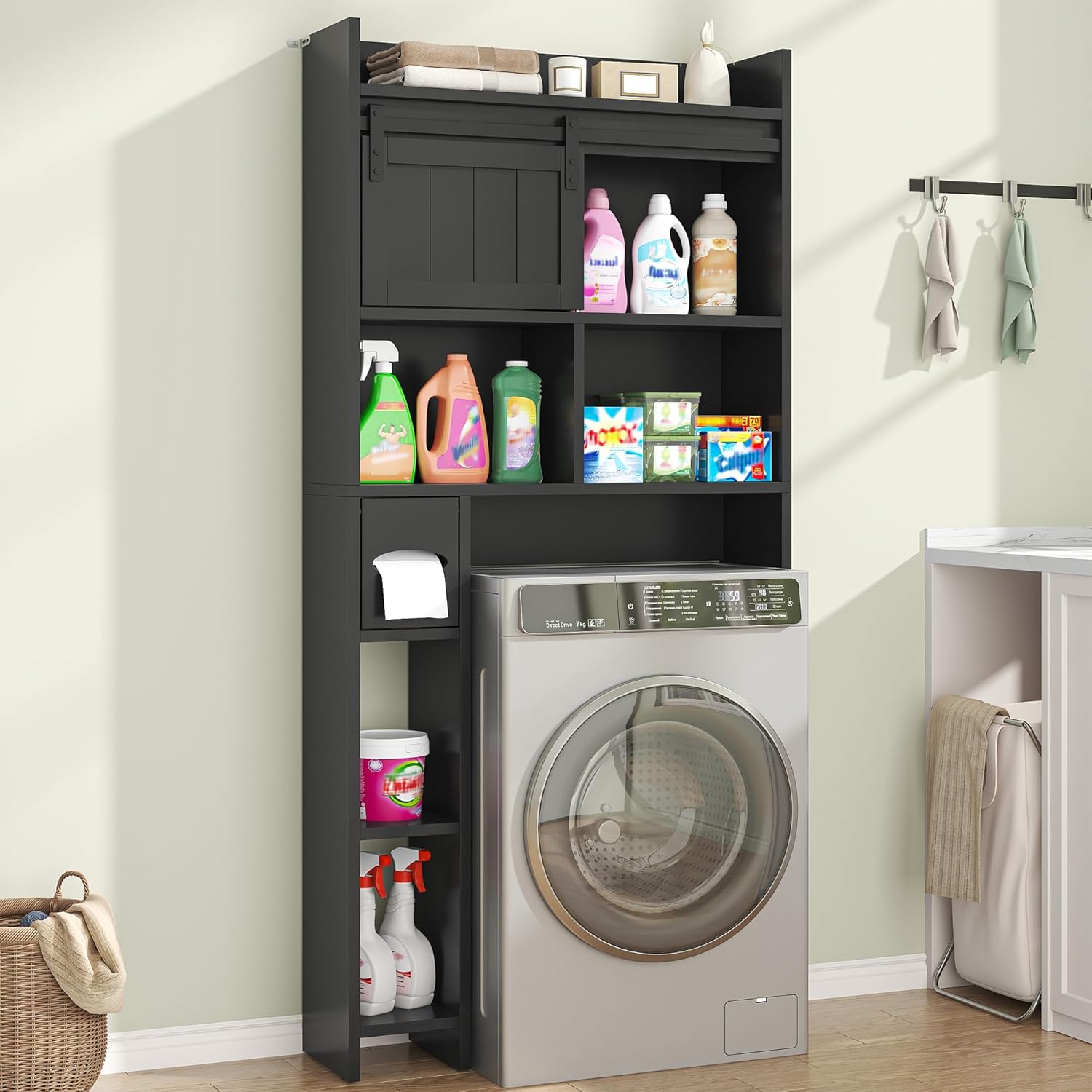 Semoic Over The Toilet Storage Cabinet, Over The Toilet Shelf with Sliding Door & Toilet Paper Holder Stand, Bathroom Above Toilet Storage, Home Space-Saving Toilet Rack for Bathroom, Restroom, Black