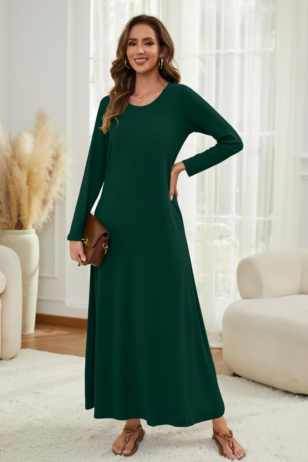 Women's Long Sleeve Maxi Dresses Casual Crewneck Loose Fit Basic Dress with Pockets - Image 3