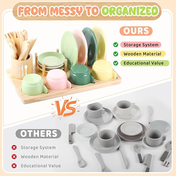 GAGAKU Wooden Play Kitchen Accessories - 25Pcs Montessori Play Dishes Set with Integrated Storage Stand, Bright Color Plates & Bowls, Pretend Cooking Toys for Ages 3-5, Educational Gift for Toddler