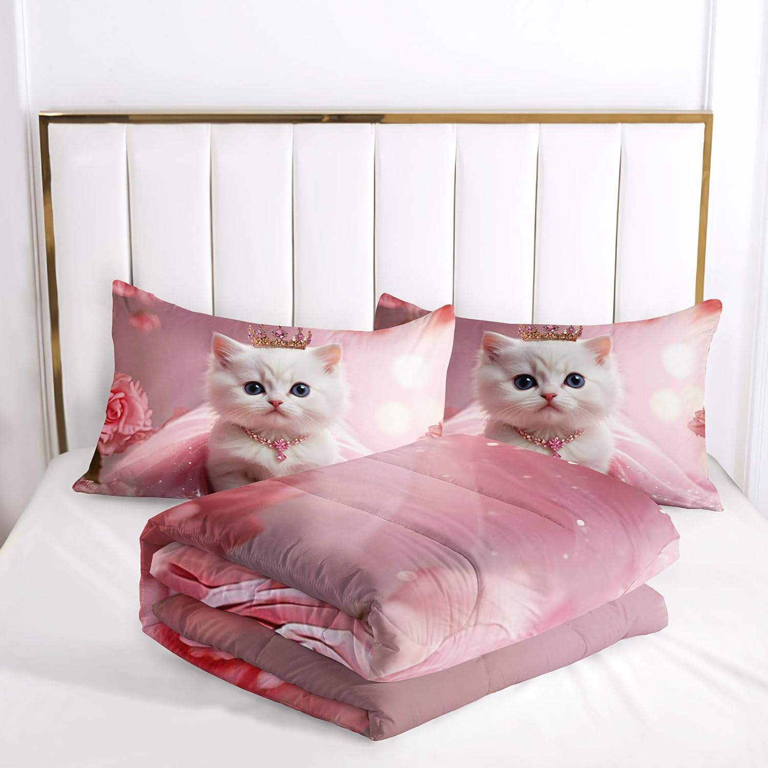AILONEN 3D White Cat Comforter Set for Kids,Girls Full Size,Cute Crown Kitten Bedding Set for Bedroom Decor,3-Piece,1 Quilt + 2 Pillowcases,Soft Microfiber