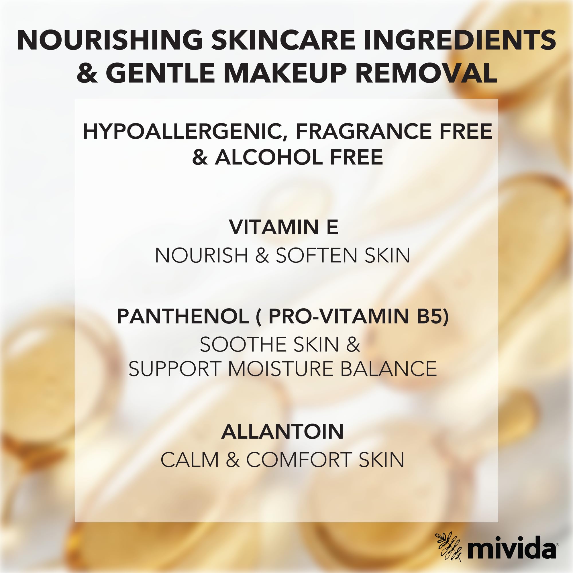 mivida Salviette struccanti ipoallergeniche con vitamina E, senza alcool, senza profumo, per pelli sensibili, formato da viaggio, a base vegetale, 10 confezioni (80 totali)