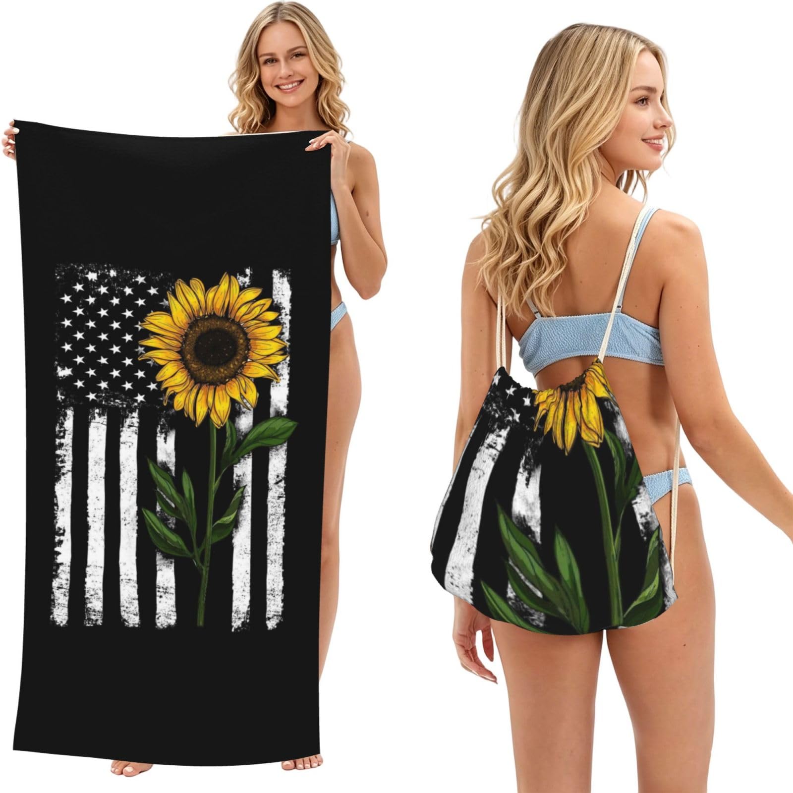 WSHFFILO Sunflower And American Flag printed 2 in 1 Packable Towel Bag Bath Towel Beach Towel