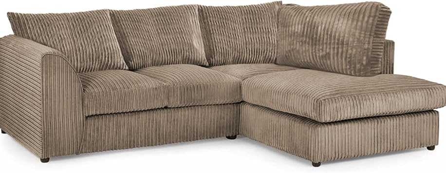 Right Hand Corner Sofa - Jumbo Cord L Shaped Sofas for Living Room with Thick Luxury Fixed back rest Cushioning | Sectional Couches Lounge Sofa Beige