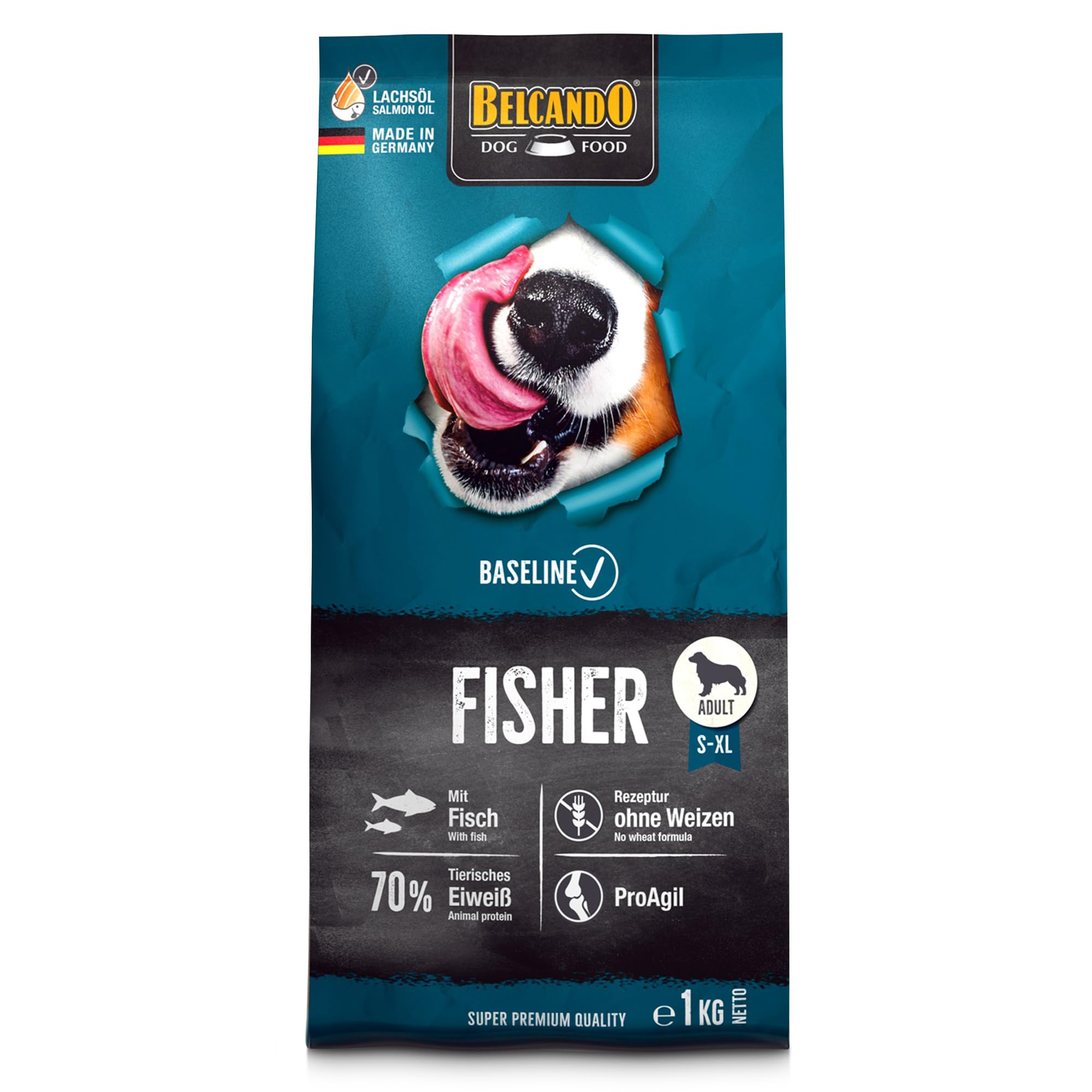 BELCANDO Baseline Fisher – 1 kg Trockenfutter für aktive ausgewachsene Hunde (alle Rassen)