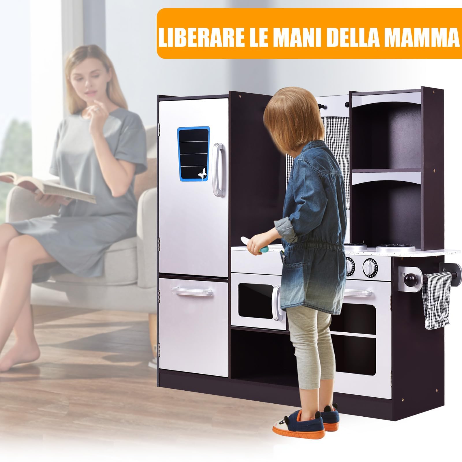 RELAX4LIFE Cucina Giocattolo in Legno per Bambini, Mini Cucina con Forno, Microonde e Frigorifero, Accessori Realistici, Natale/Compleanno
