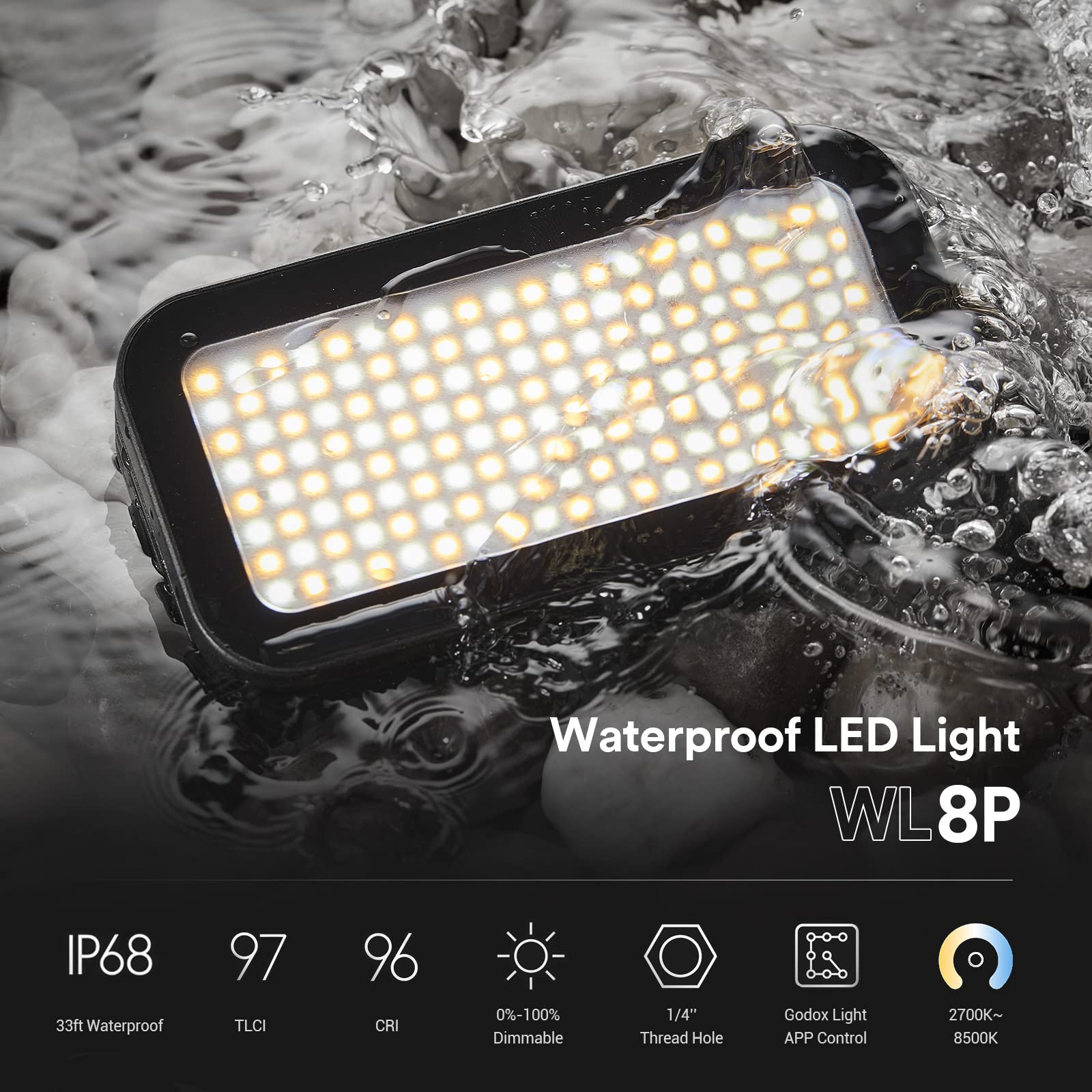 Godox WL8P Wasserdichtes LED-Licht 10W IP68 Bicolor 2700-8500K CRI 95 TLCI 97 mit 2900mAh Lithiumbatterie für Unterwasseraufnahmen im Freien