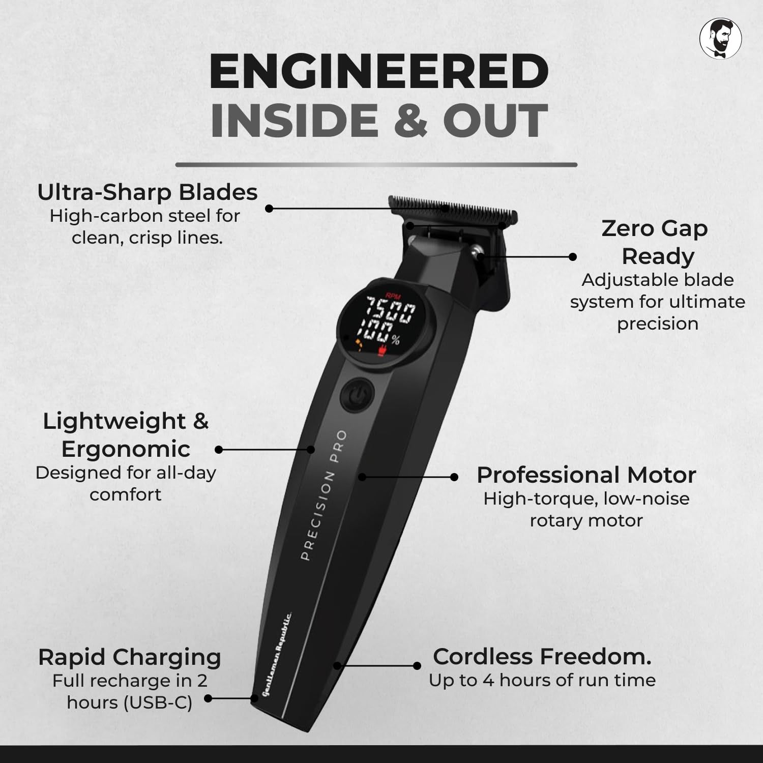Gentlemen Republic Precision Pro Trimmer - Cuchilla sin huecos, carga USB-C