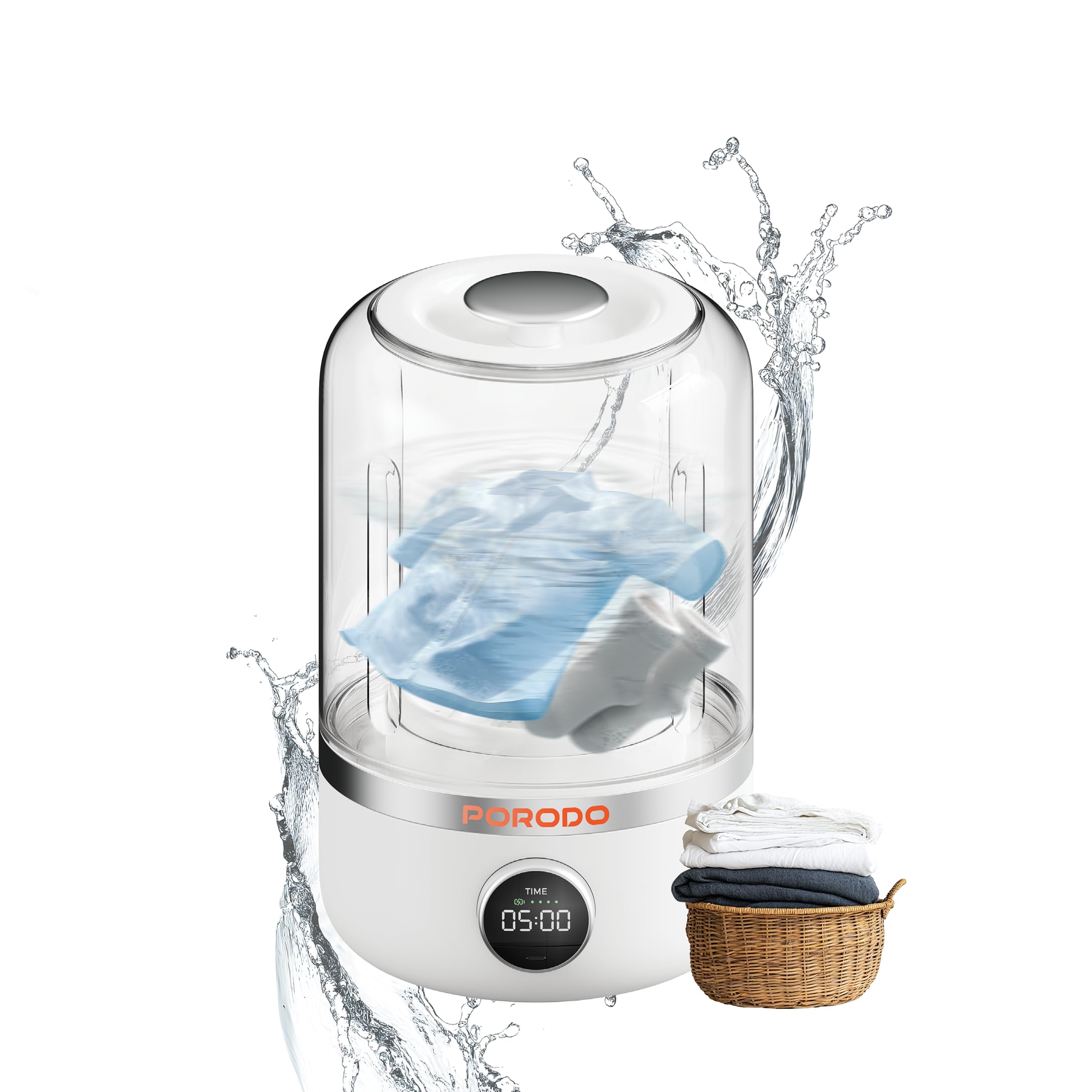 Porodo Rechargeable Portable Cordless Mini Washing Machine with 1.2L Capacity, 10W Rated Power, Dual Washing Mode, LED Digital Display, Up to 196M Working Time, for Delicate & Baby Clothes - White