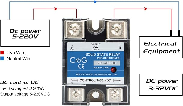 CG Solid State Relay SSR-60DD DC to DC Input 3-32VDC to Output 5-240VDC 60A Single Phase Plastic Cover...
