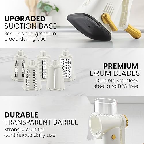 Miniatura 7 de Zulay Kitchen Rallador rotativo de queso de 5 cuchillas, rallador de queso manual de manivela con succión reforzada y 5 tambores intercambiables,