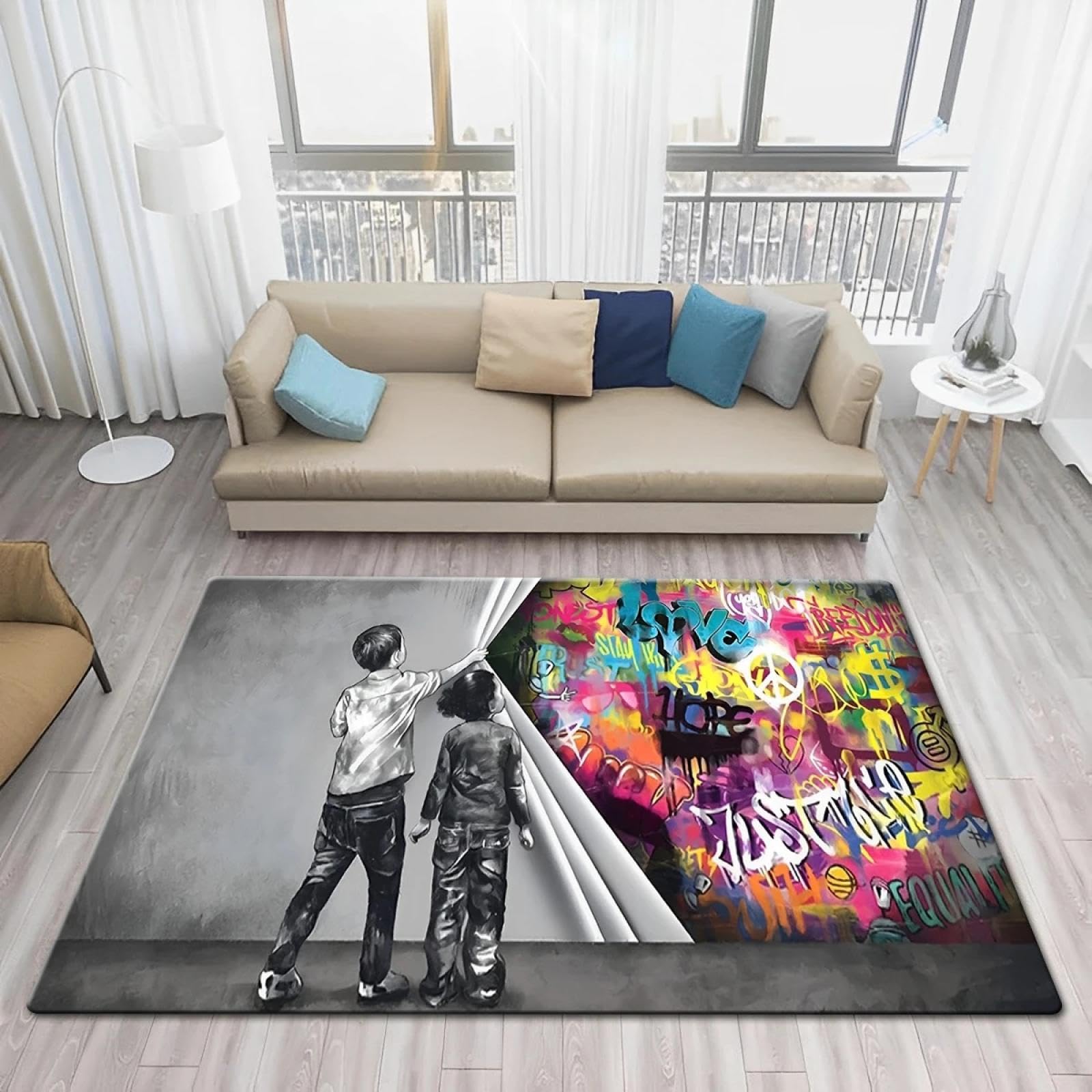 JGGXHM Banksy Street Graffiti Art Print Rug Non-Slip Carpet Large Rugs for Living Room Kitchen Rugs Home Entrance Floor Mat 120x180cm