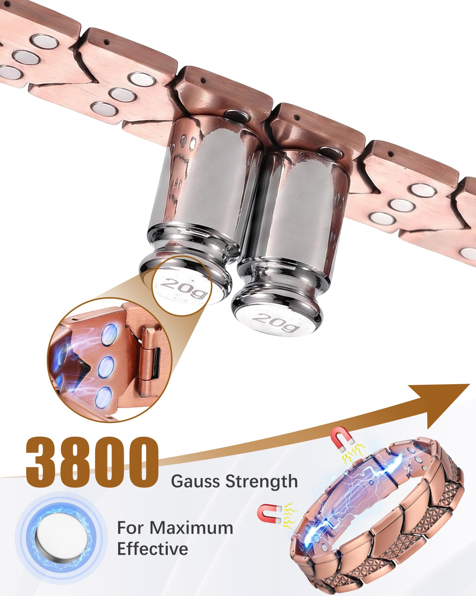 Jeracol Pulseras de cobre para hombre, pulsera magnética de cobre puro al 99 %, tamaño ajustable y caja de regalo de joyería (textura a escala)