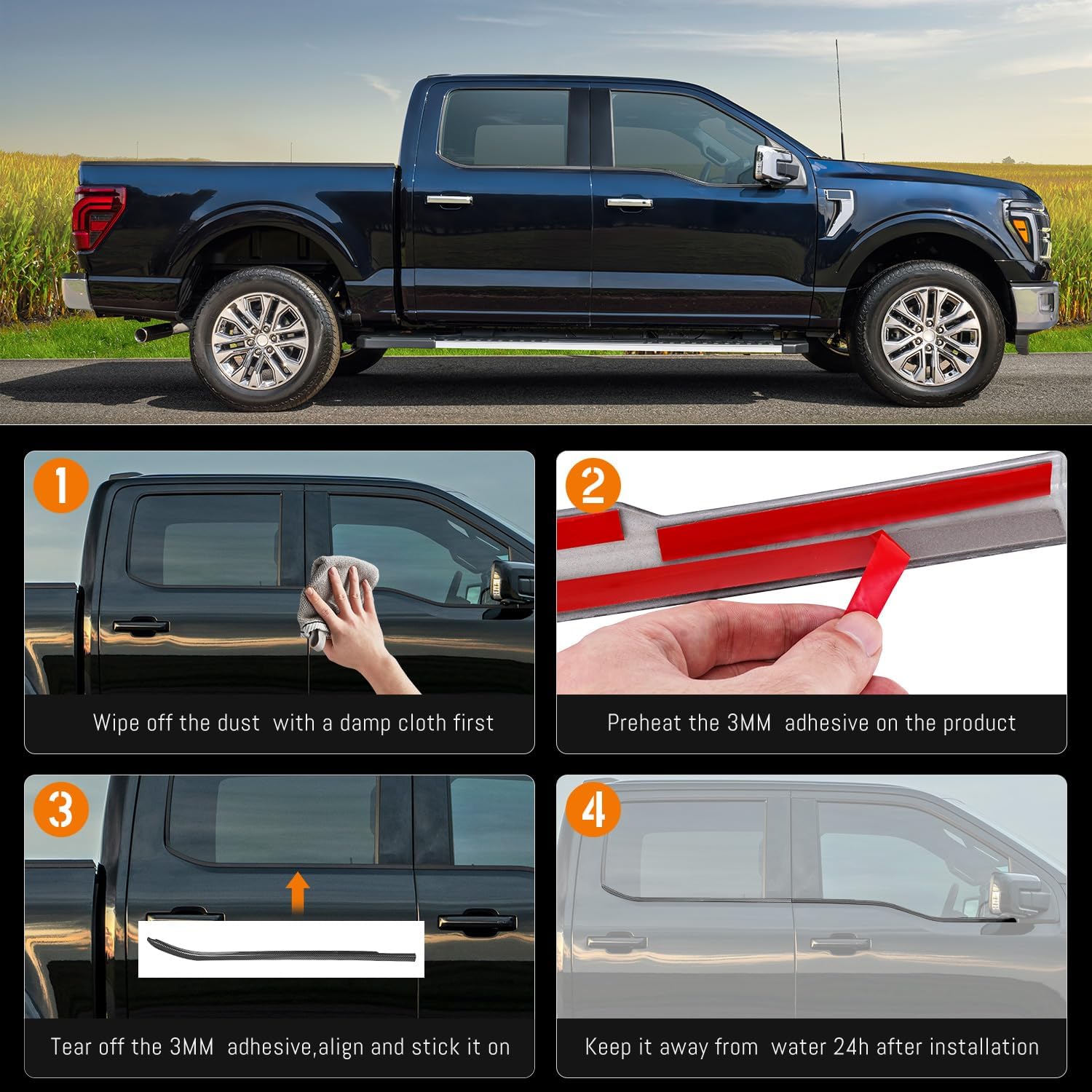 Outer Door Window Molding Trims fit for Ford F150 Supercrew 2021-2025,Door Window Bottom Sill Weatherstrip Covers,Seal Belt Weather Stripping Decor,3MM Adhesiver,4PCS Glossy Carbon Fiber Look