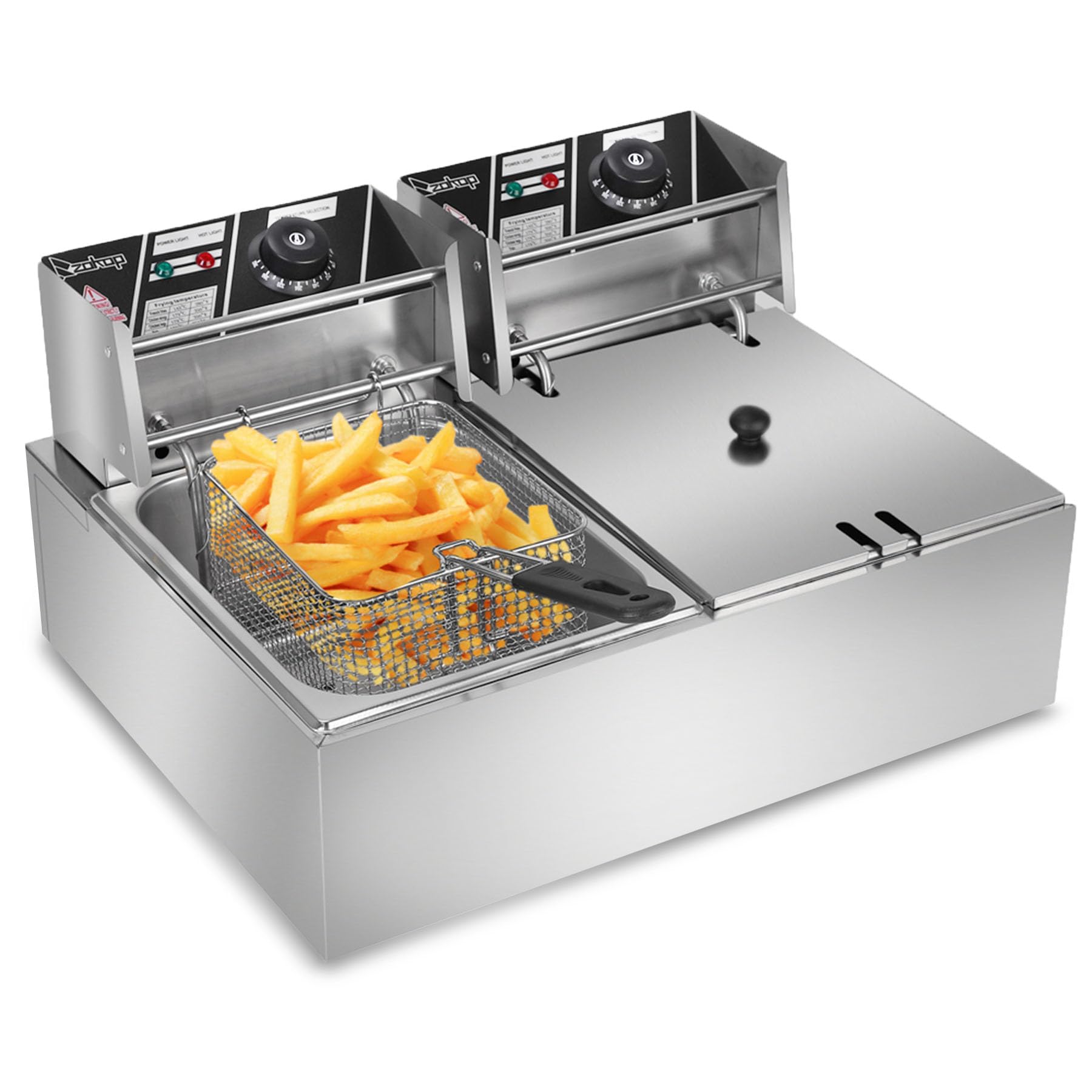 LUMSON EH82 5000W MAX 110V 12.7QT/12L Stainless Steel Double Cylinder Electric Fryer with Countertop Stainless Steel Fryer with Removable Tanks, Temperature Controller and Lids for Home, Restaurant