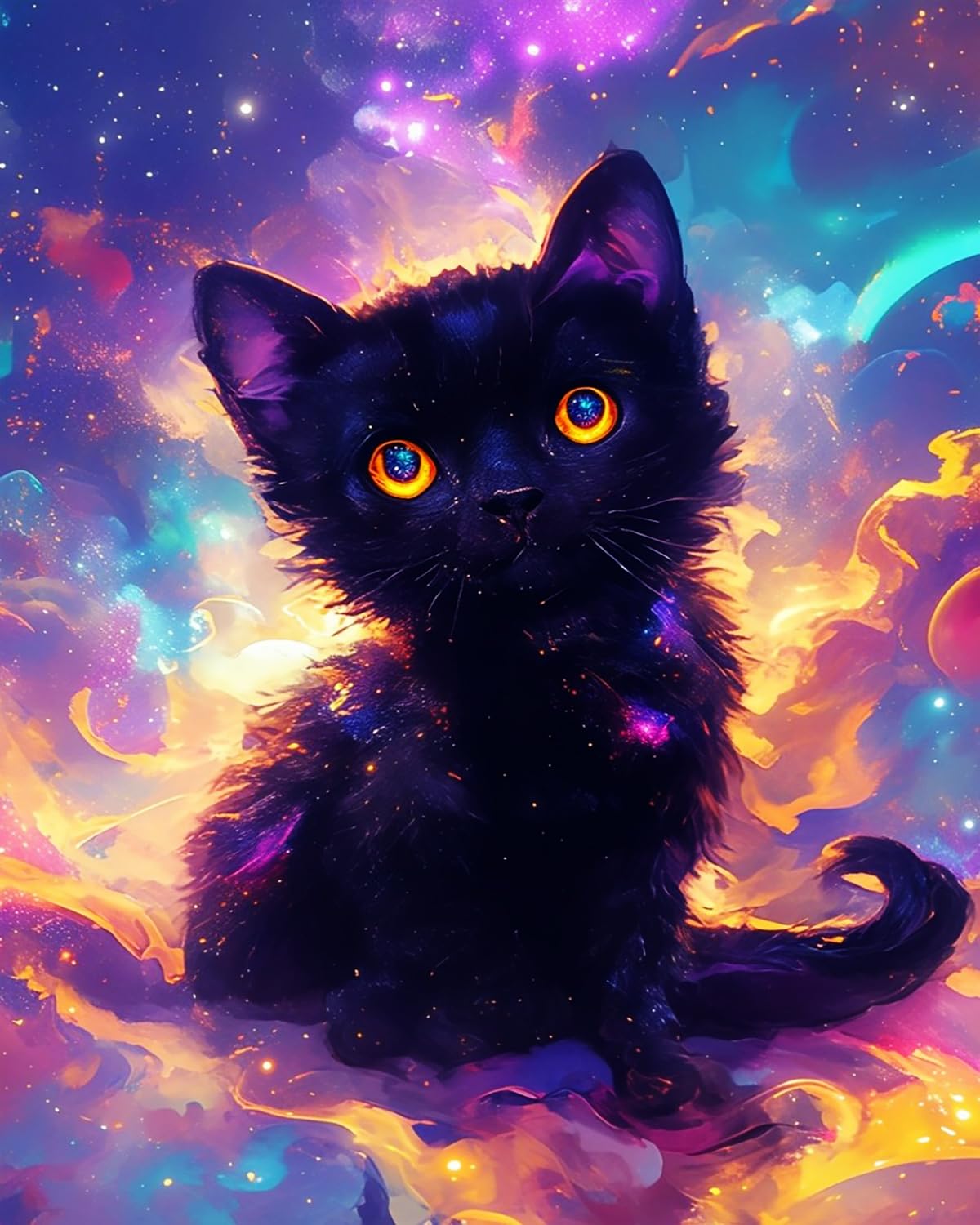Liubaishi Black Paint By Numbers Kit For Adults, Cosmic Galaxy Kitten, 40X50 Cm, Acrylic On Canvas, With 3 Brushes