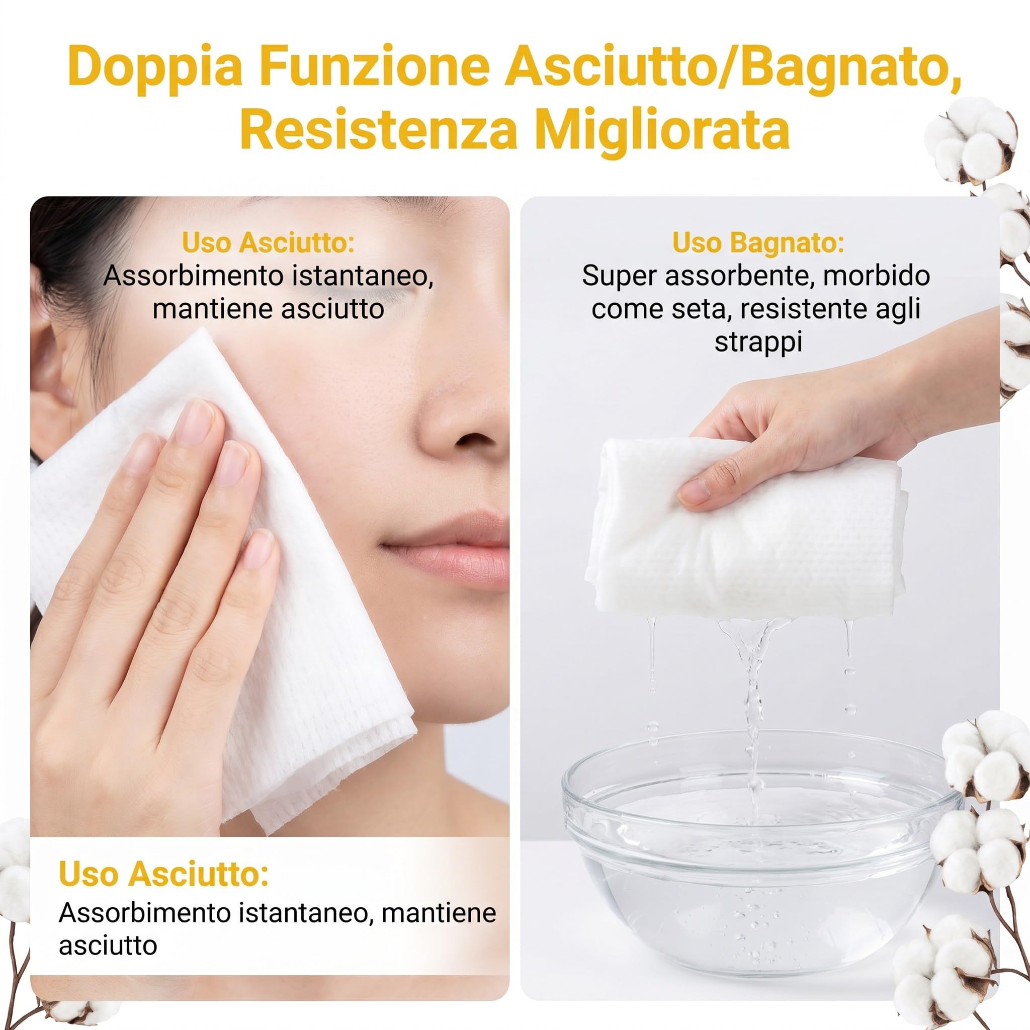 Asciugamani Monouso Viso 100% Cotone, 300 Pezzi 20x20 cm, 75 g/m², Salviette Asciutte con Trama a Perle, Morbide e Resistenti, Senza Profumo, Uso Asciutto o Bagnato