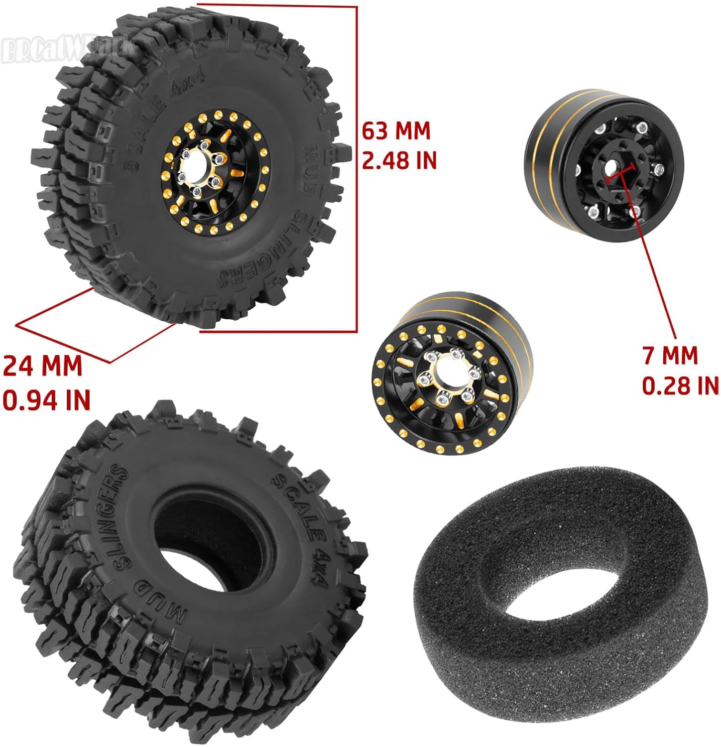 Brass 1.0 Beadlock Wheels Tires for RC Crawler Car 1/18 TRX4M,1/24 SCX24,RC Brass 1.0 in Truck Tires,7mm Hex Wheels Rims and Rubber Tires w/Sponge,4pcs