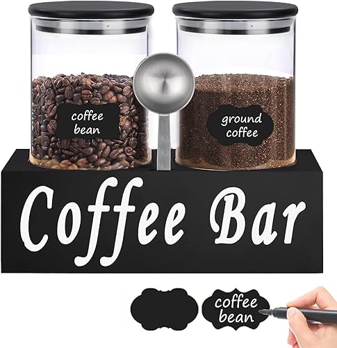 Miniatura 1 de Contenedores de café de vidrio herméticos para almacenamiento de granos de café con estante, 2 unidades de 44 onzas, organizador de estación de