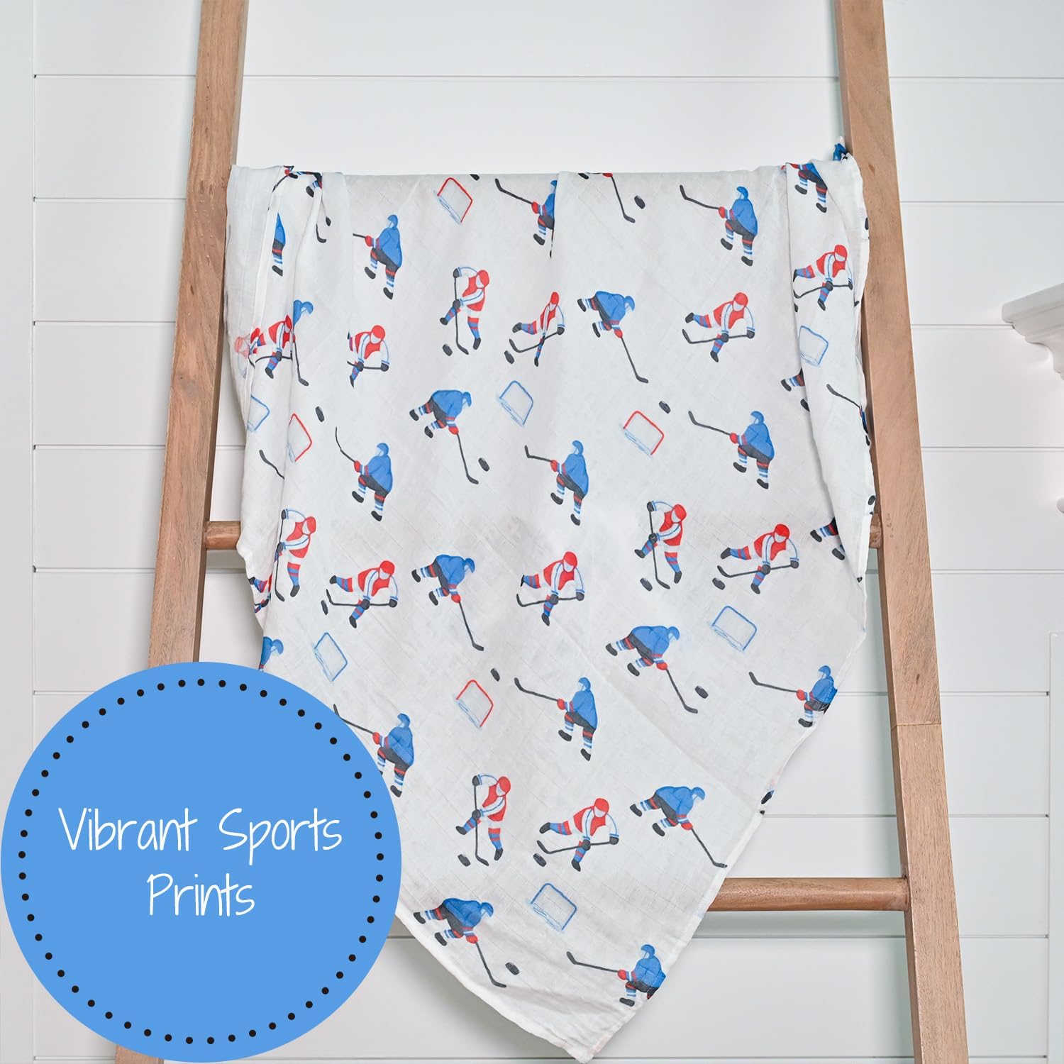 LollyBanks Swaddle Blanket 100% Muslin Cotton, 47 x 47 inches Soft Breathable Muslin Baby Swaddles for Boys, Baby Essentials, Registry and Gift (Ice Hockey Print), Pass, Shoot, Score