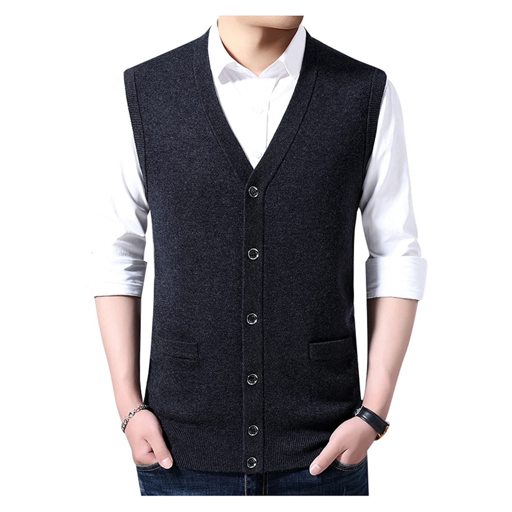 Dawwoti Men's Sleeveless Knitted Sweater V Neck Button Cardigans Gilets Business Casual Knitwear Vest