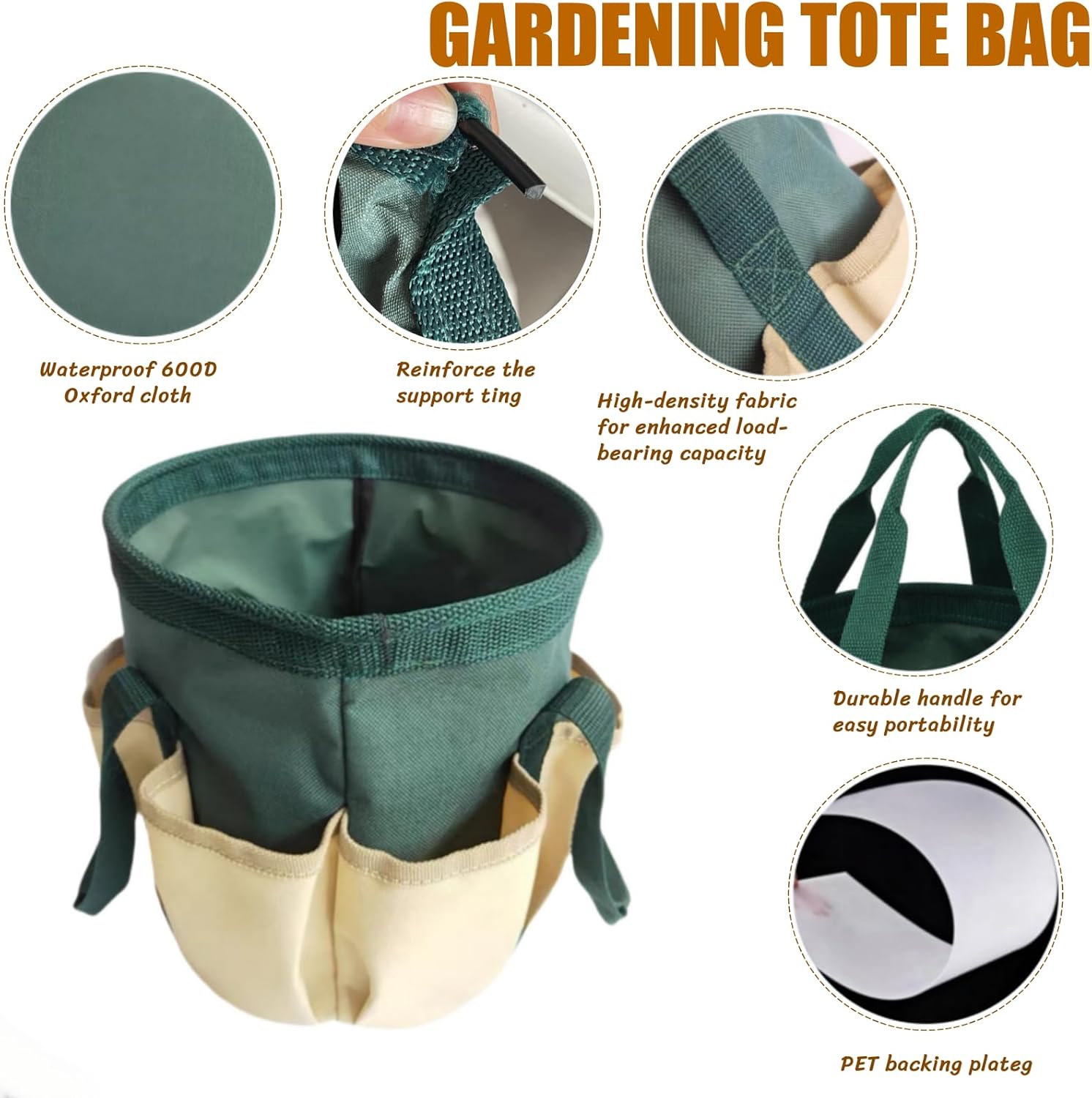 BLIRITEL Garden Tool Organizer, Waterproof Garden Tool Tote Bag with 6 Side Pockets, Outdoor Gardening bucket Bag with Thickened Base and Comfortable Carry Handles (Dark Green)