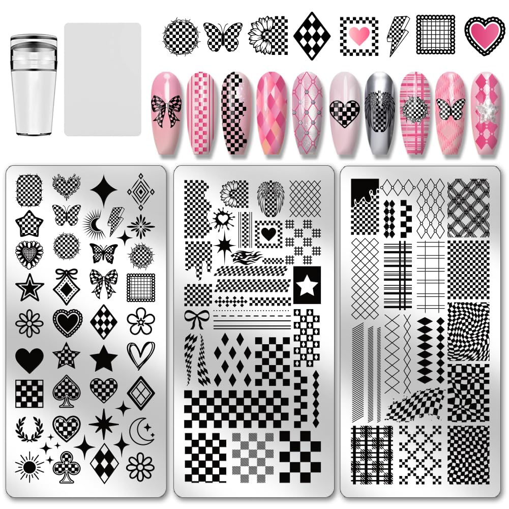 PH PandaHall 3pcs Plaid Nail Stamping Plates Checkerboard Nails Art Stencils Tartan Pattern Nail Art Templates Heart Star Butterfly Manicure Image Plates for Women DIY Print Manicures Salon Design