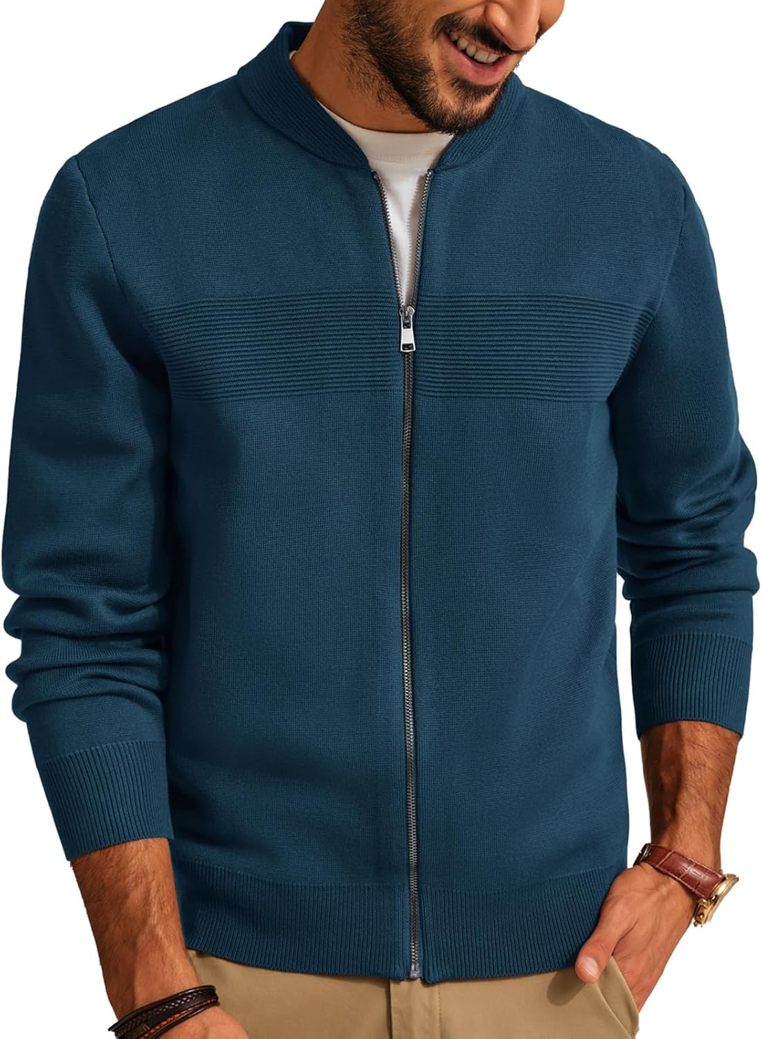 PJ PAUL JONES Mens Full Zip Cardigan Sweater Stand Collar Regular Fit Knit Sweaters