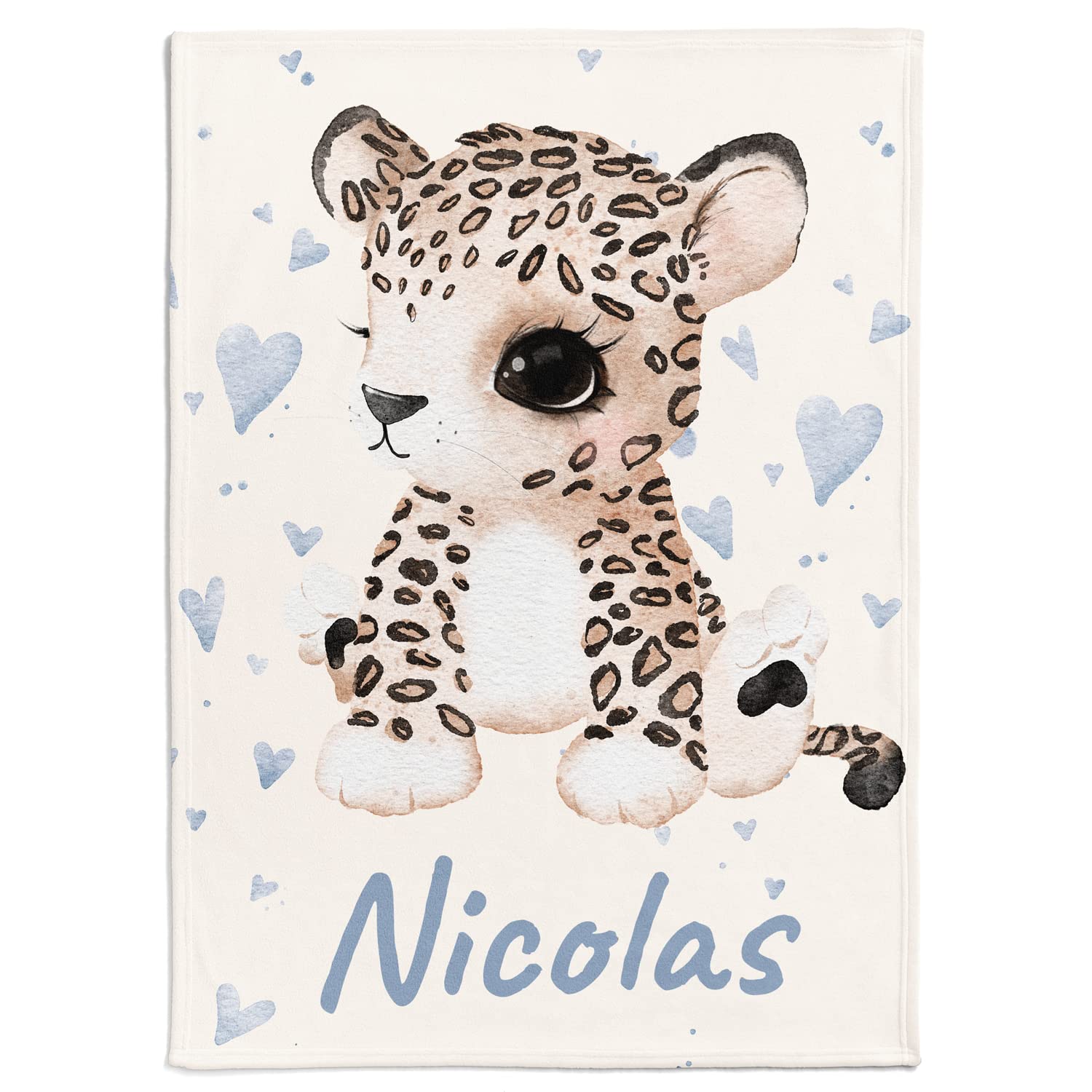 Personalisierte Babydecke mit Wunschtier, Name, Geburtsdatum und Motivfarbe (Leopard mit kleinen Herzen)