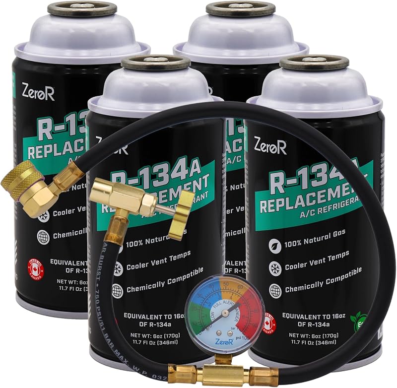 Kit de recarga de ar-condicionado ZeroR com gás refrigerante substituto do R134a e mangueira de 60,96 cm – 4 latas SSV
