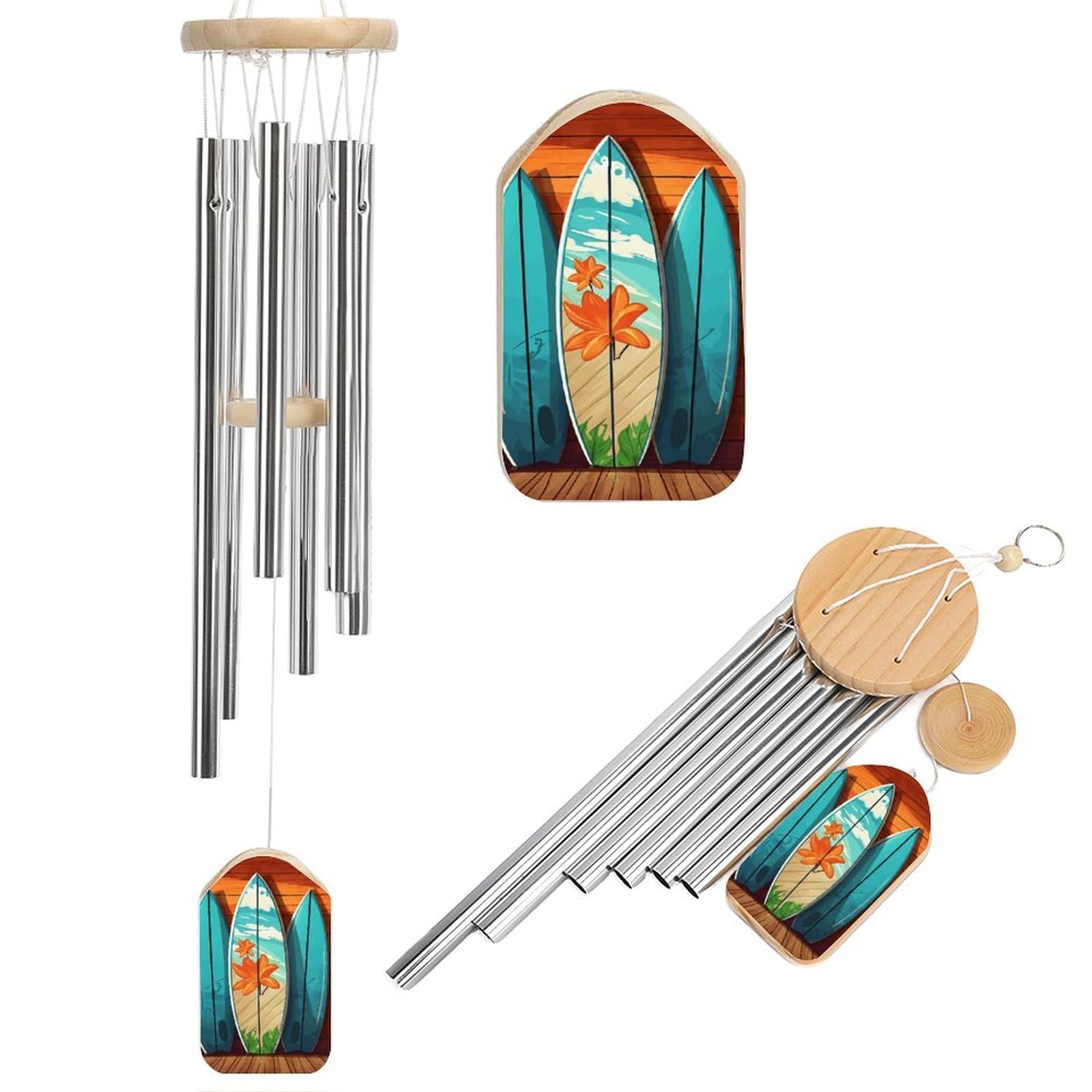 Surfboard on Wooden Wind Chimes, Soothing Melodic Memorial Windchimes Soothing Melody Wind Chime Handcrafted Hanging Decoration for Home Garden Balcony Courtyard Decor