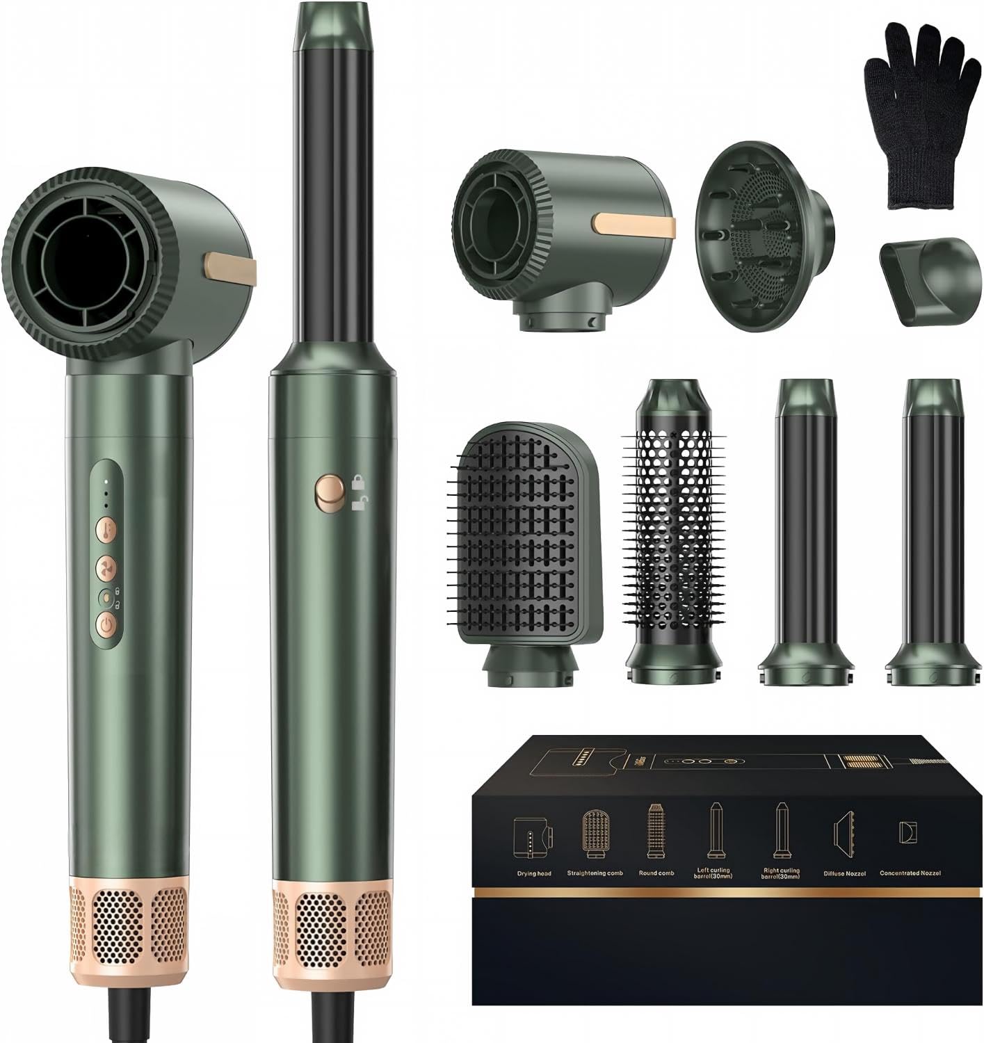 Hair Dryer Brush Airstyler 7 IN 1, 1400W Ionen Haartrockner | Stylingbürsten, Rundbürsten föhn, Haarglätter Bürste, Volumenbürste, Lockenstab, Föhn Diffusor