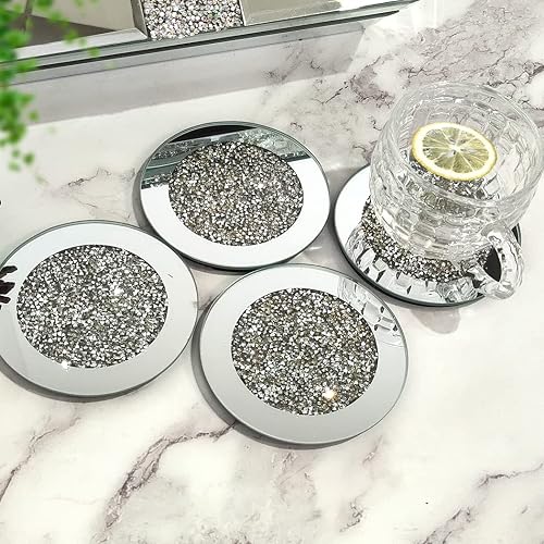 GIMORRTO Glass Mirrored Coaster 4 PC, Crushed Diamond Round 4" Cup Mat Decor on Tabletop for Bar Tools Dining Table - 4"4p