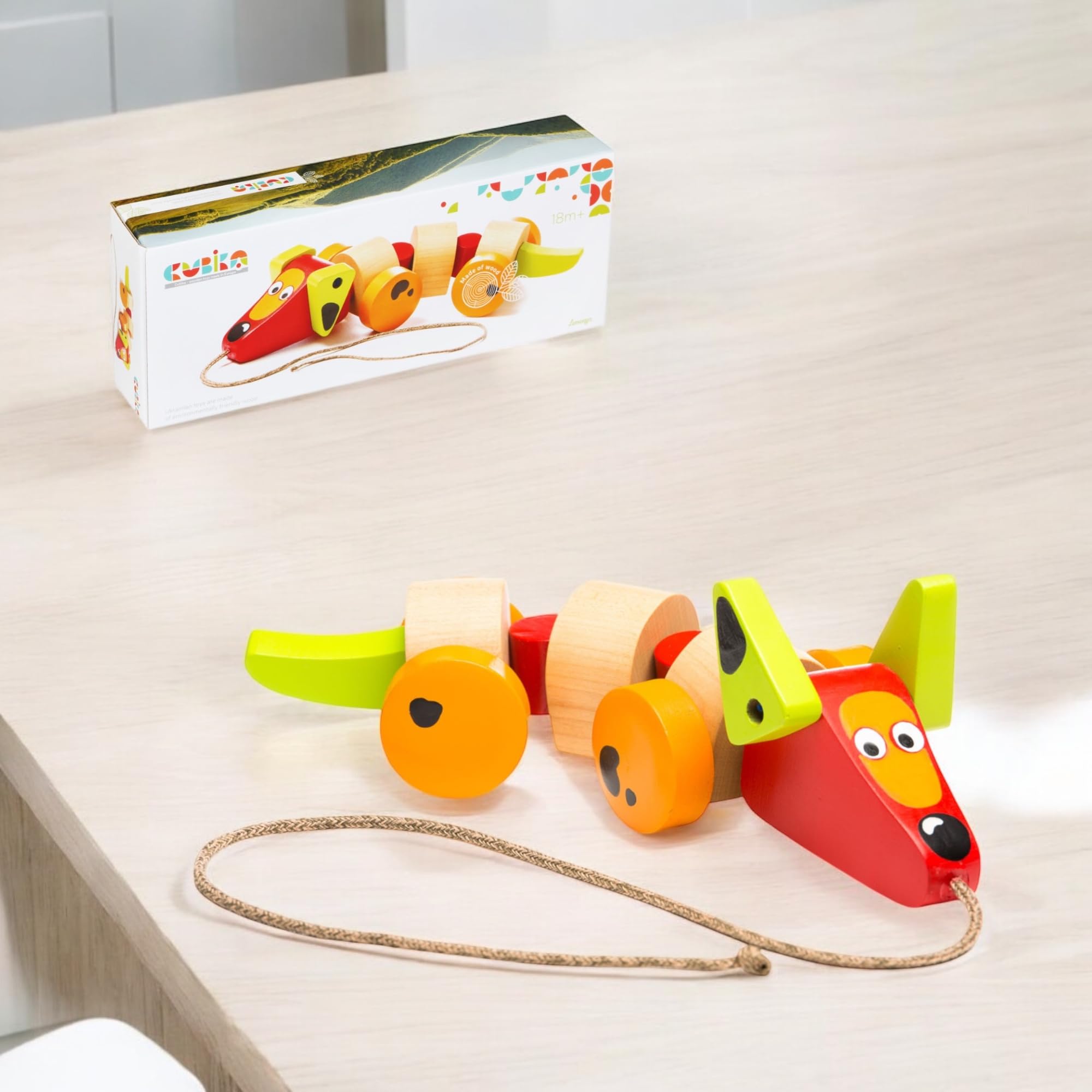 Cubika Wooden Walk Along Sausage Dog – Pull Toy for Toddlers Ages 1-3 – Montessori Inspired, FSC-Certified Wood, German Water-Based Paint – Travel Wooden Toys for Boys and Girls