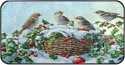 Tapetes de cocina antideslizantes con diseño de pájaros, bayas de acebo, tapete de baño, tapete para decoración del hogar de Navidad, 39 x 20