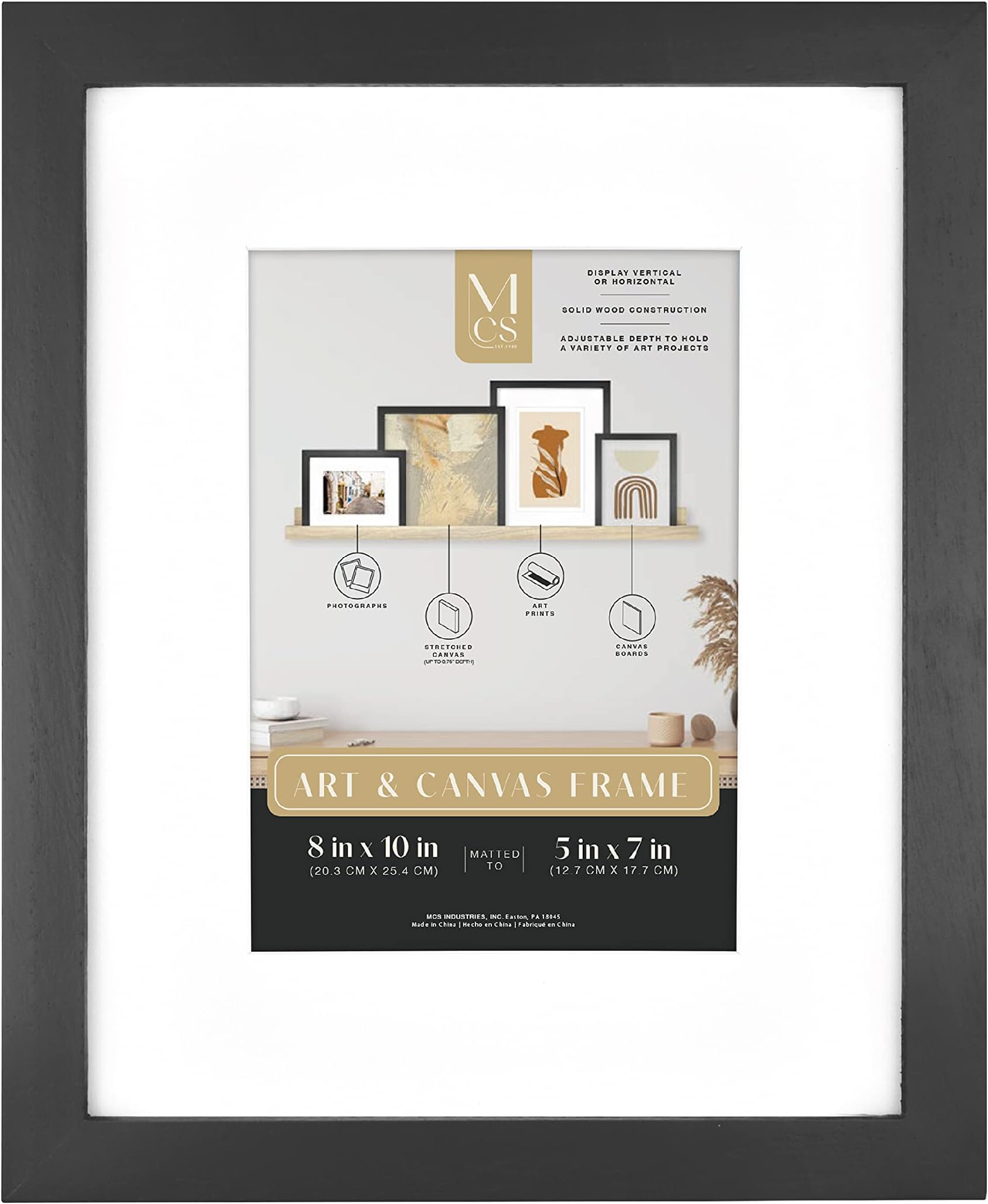 MCS Gallery Wooden Picture Frame for Canvas, Art Boards, Photos and more, Black, 8x10 with 5x7 Mat