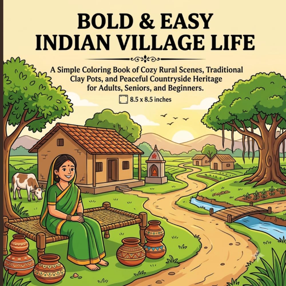 Bold & Easy Indian Village Life: A Simple Coloring Book of Cozy Rural Scenes, Traditional Clay Pots, and Peaceful Countryside Heritage for Adults, Seniors, and Beginners