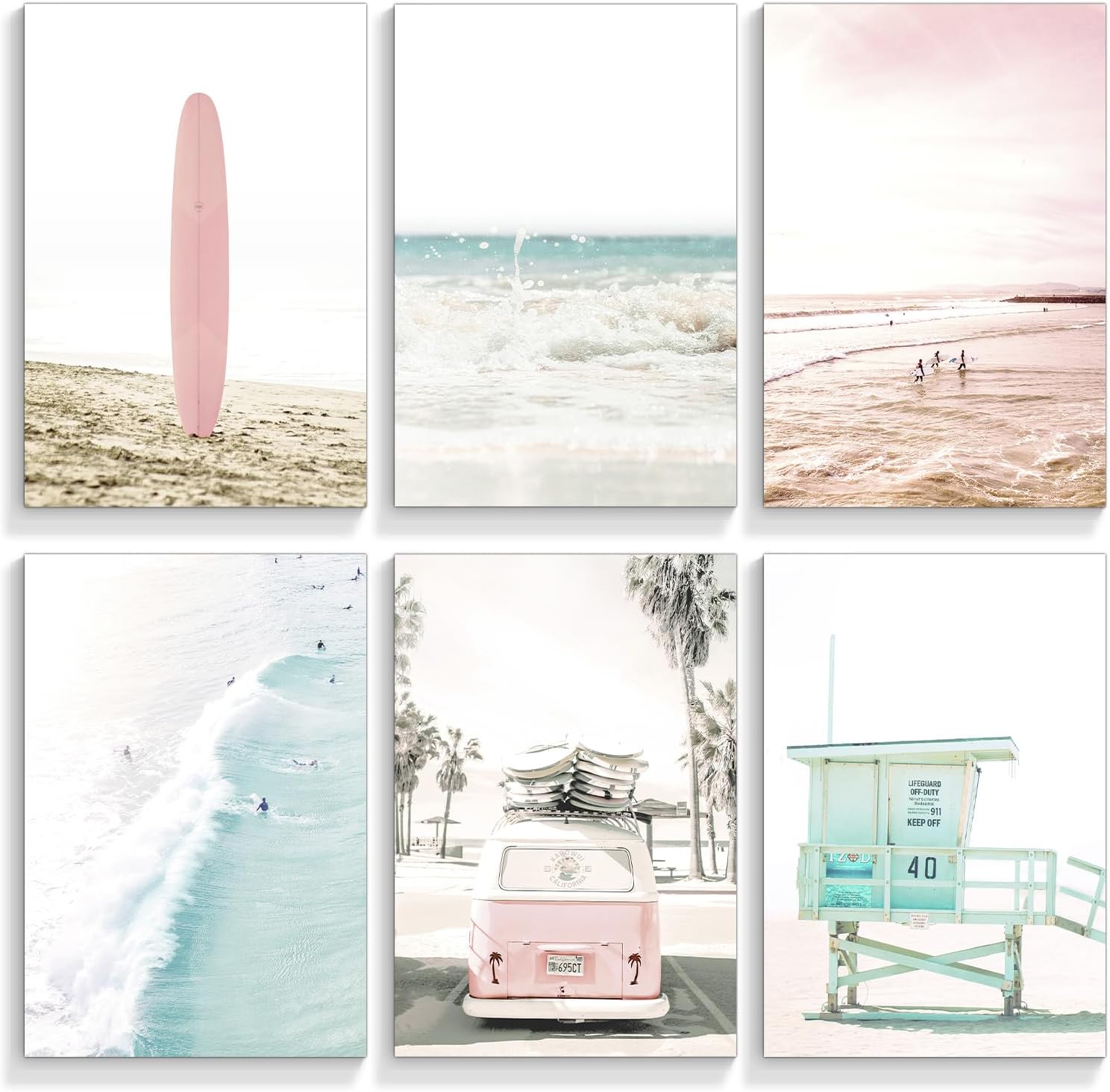Anslipswar Set of 6 Beach Canvas Wall Art, 8x10in Tropical Summer Ocean Coastal Posters, Preppy Gallery Beach Prints, Girly Nautical Surfboard Bus Room Decor, California Beachy Pictures Unframed