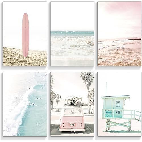 mifyuibytr Set of 6 Beach Canvas Wall Art, 8x10in Tropical Summer Ocean Coastal Posters, Preppy Gallery Beach Prints, Girly Nautical Surfboard Bus Room Decor, California Beachy Pictures Unframed