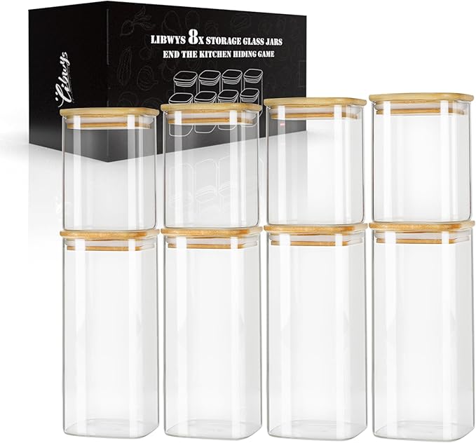 LIBWYS 8-Pack Square Glass Storage Jars with Bamboo Lids (0.6Qt/1.06Qt) - Stackable Food Containers for Pantry Organization, Coffee, Flour, Snacks, Tea | Kitchen Canisters Set