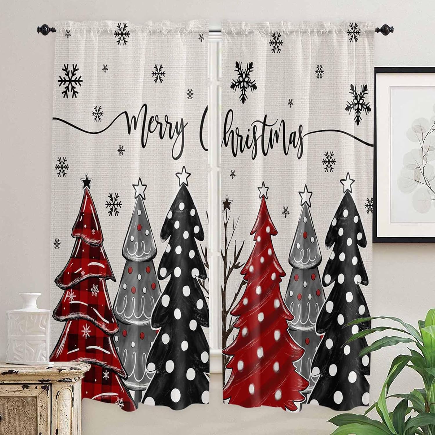 Red Black Christmas Tree Window Curtains 72 Inch Long 2 Panel Set, Rod Pocket Long Curtains & Drapes, Xmas Tree Snowflake Rustic Light Filtering Window Treatment for Bedroom Living Room 52"W x 72"L