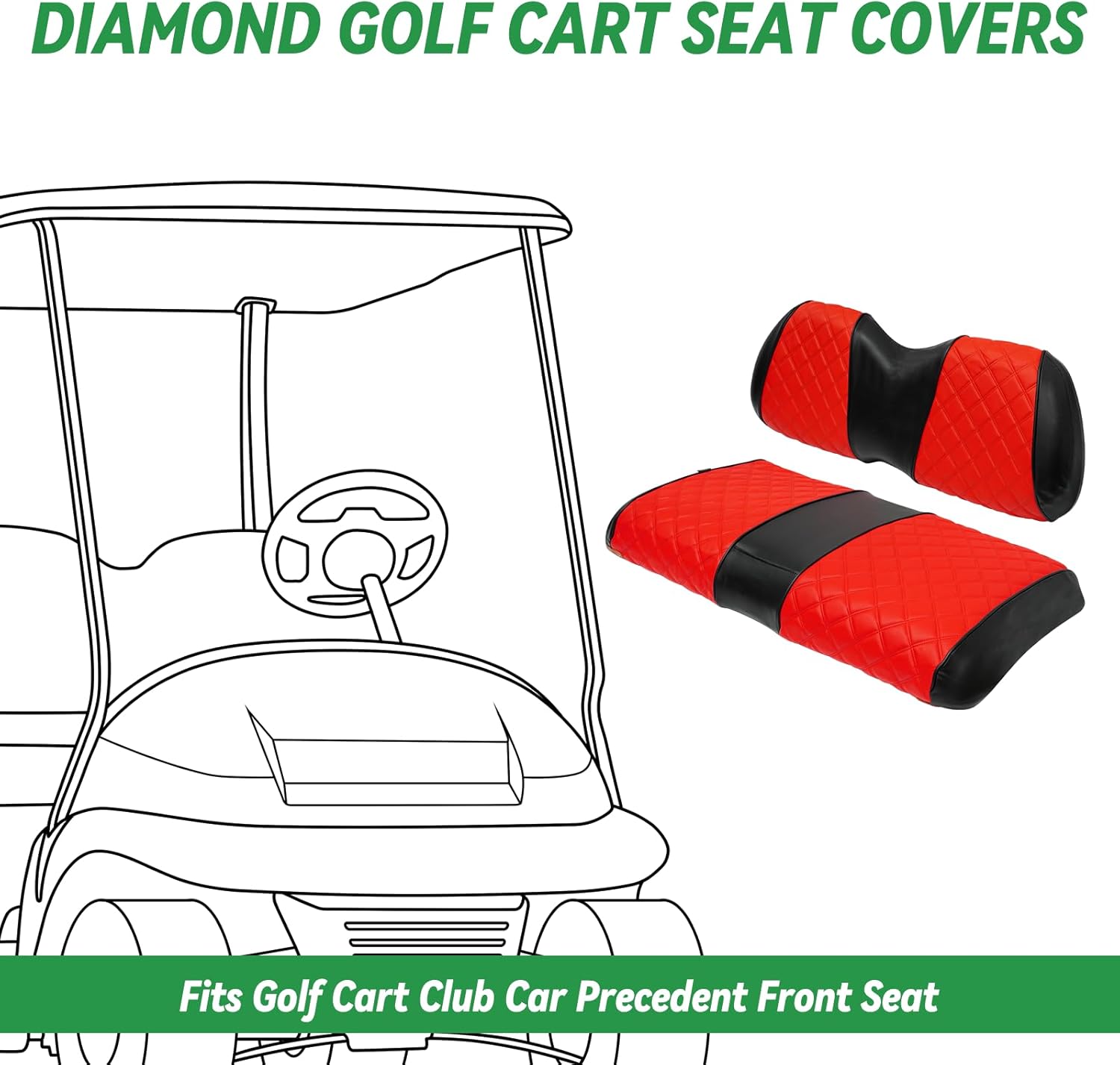 XUANYUDG0769 Golf Cart Seat Covers for Club Car Precedent OEM Ordianry Front Seat Cushion, No Stapler Thick Vinyl Leather Diamond Club Car Precedent Seat Covers, Red