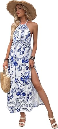 Italian Dress Blue Sundresses for Women 2026 Backless Dresses for Women Boho Maxi Dress