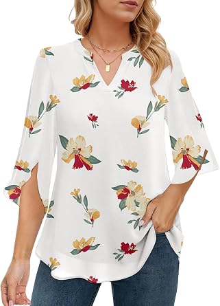 Womens 3/4 Sleeve Chiffon Blouse, V Neck Double Layer Tunic Top with Split Bell Sleeves, Regular Fit