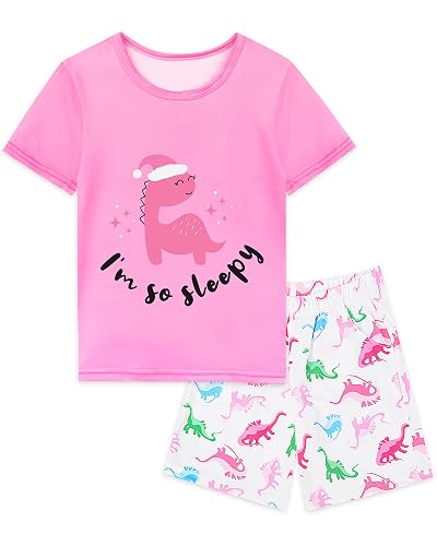 Nidoul Girls Pajamas Short Sleeve Toddler Summer Pjs Girls' Sleepwear 2 Pieces Lounge Sets Kids Clothes 3T-14Y - Pink Dino - 3-4T