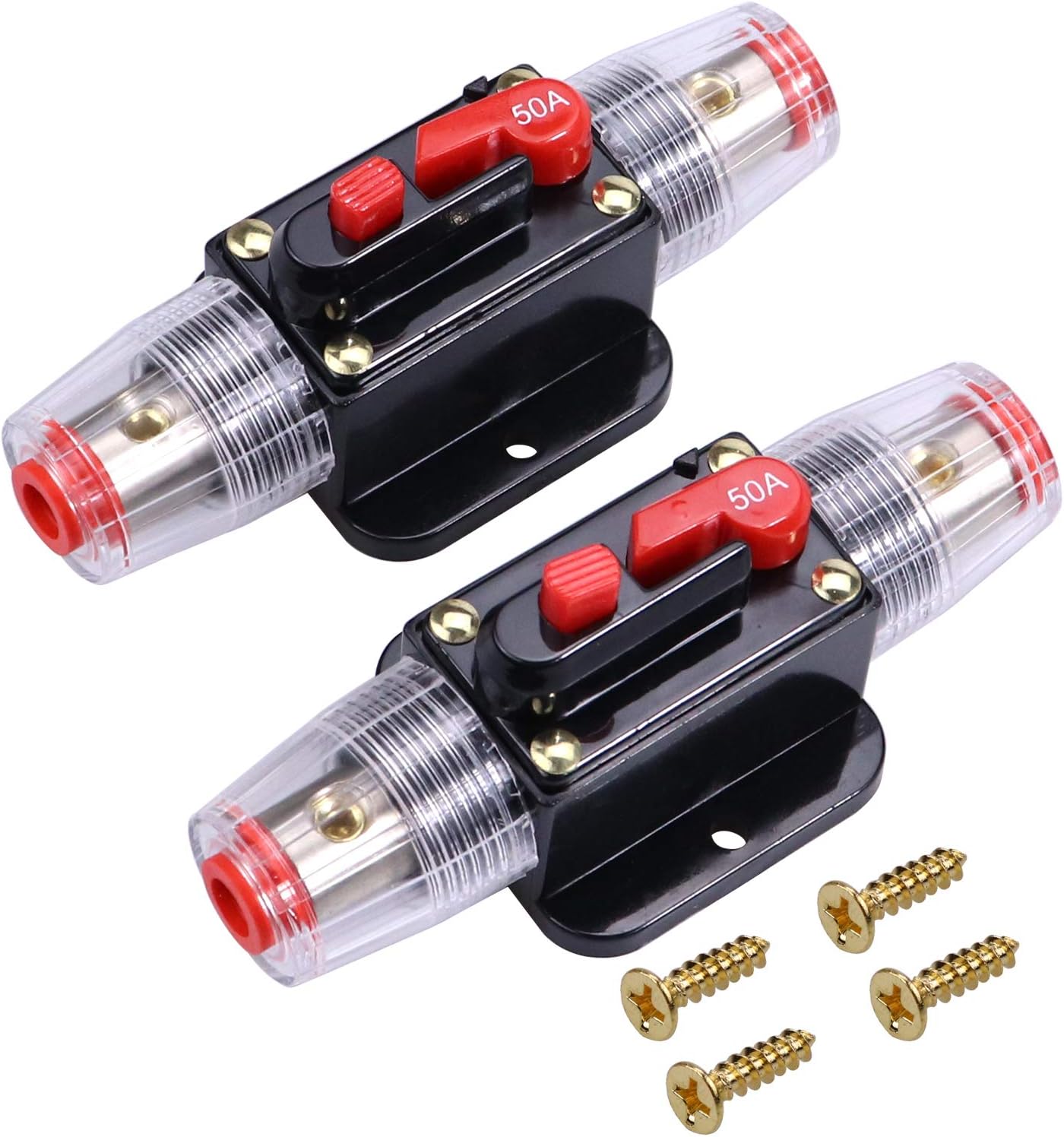 RKURCK 50 Amps Audio Inline Circuit Breaker Reset Fuse, 12V-24V DC Manual Reset Inline Fuse Holder for Car Marine Trolling Motors Audio, Stereo Switch and Solar Inverter System Protection 50A 2 Pcs
