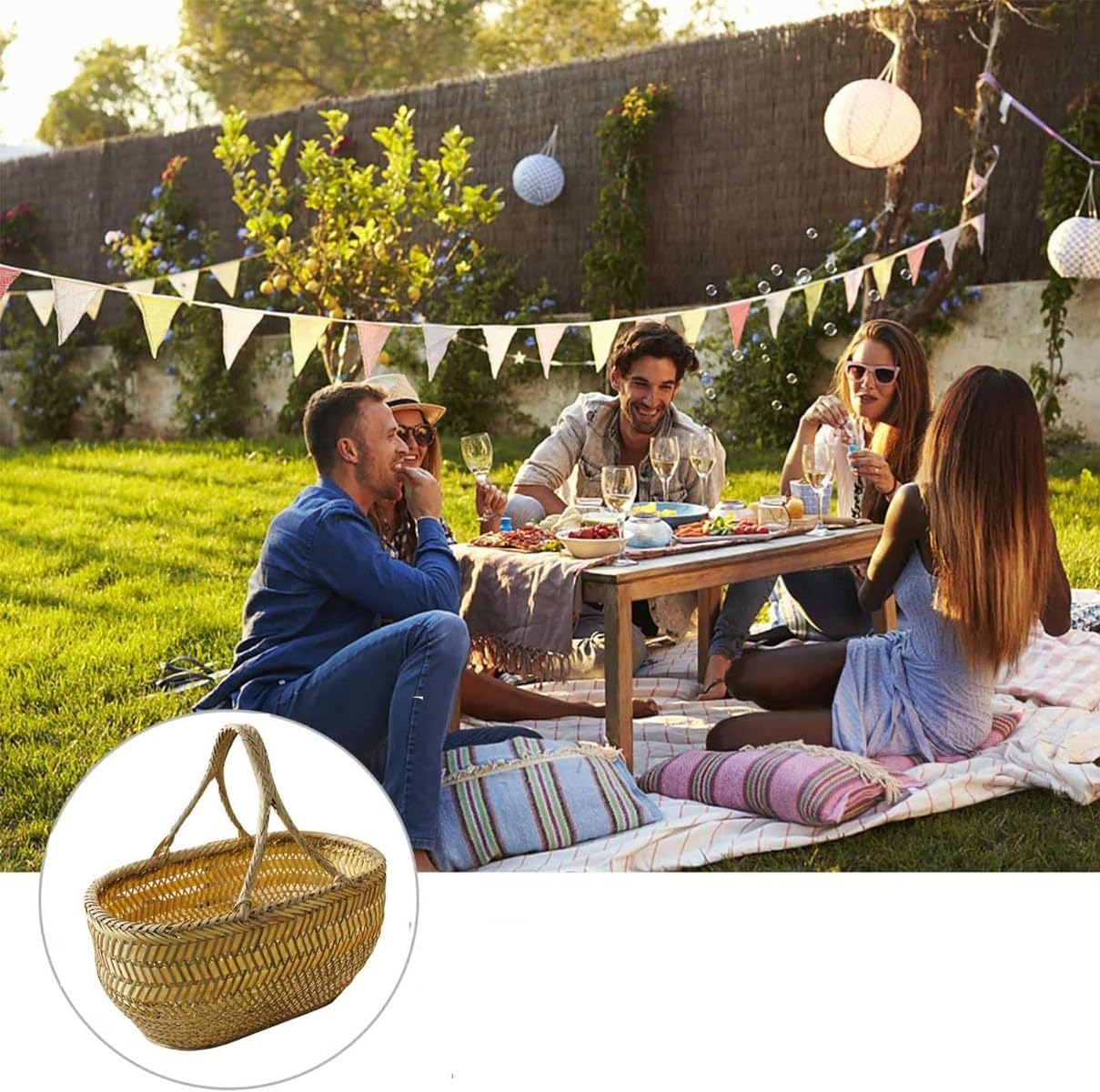 ピクニックバスケット網赤い用品竹編み卵かご果物買い物かごテーブルの