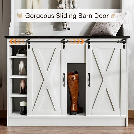 4ever2buy Farmhouse Hall Tree with Bench & Shoe Storage, White
